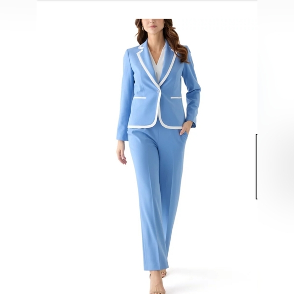 Le Suit Blue Contrast Tipped 2 Piece Pant Suit Set Size 12P NWT Office - Picture 1 of 14